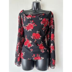 Vintage Y2K JKARA Beaded Floral Evening Top Black Red Sheer Split Sleeves Size M